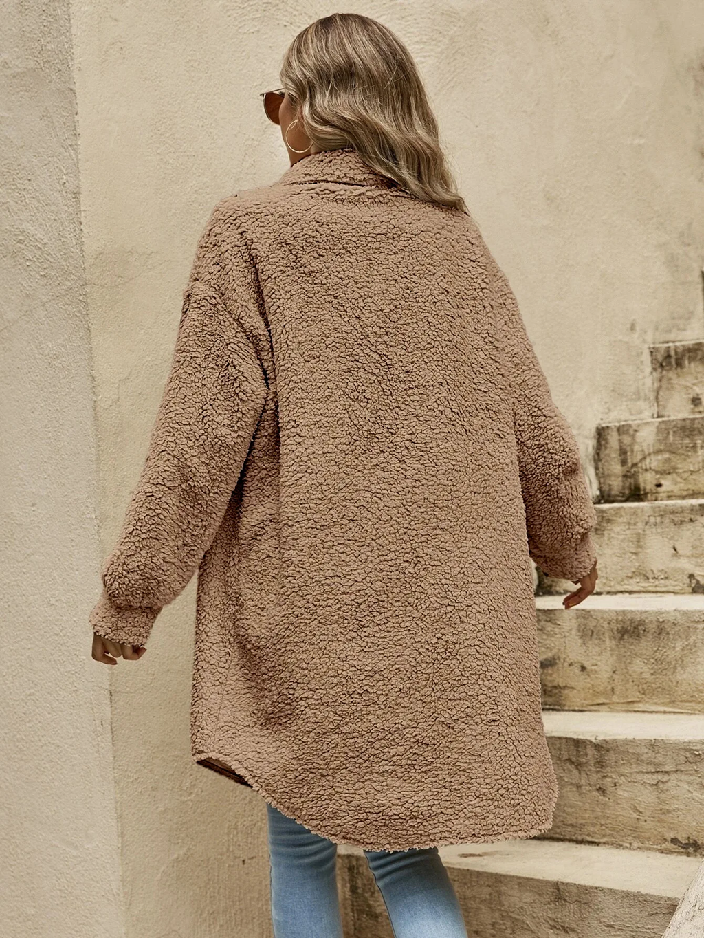 Button Down Long Jacket - Faux Fur, Lightweight Layer, All-Season Style Fino