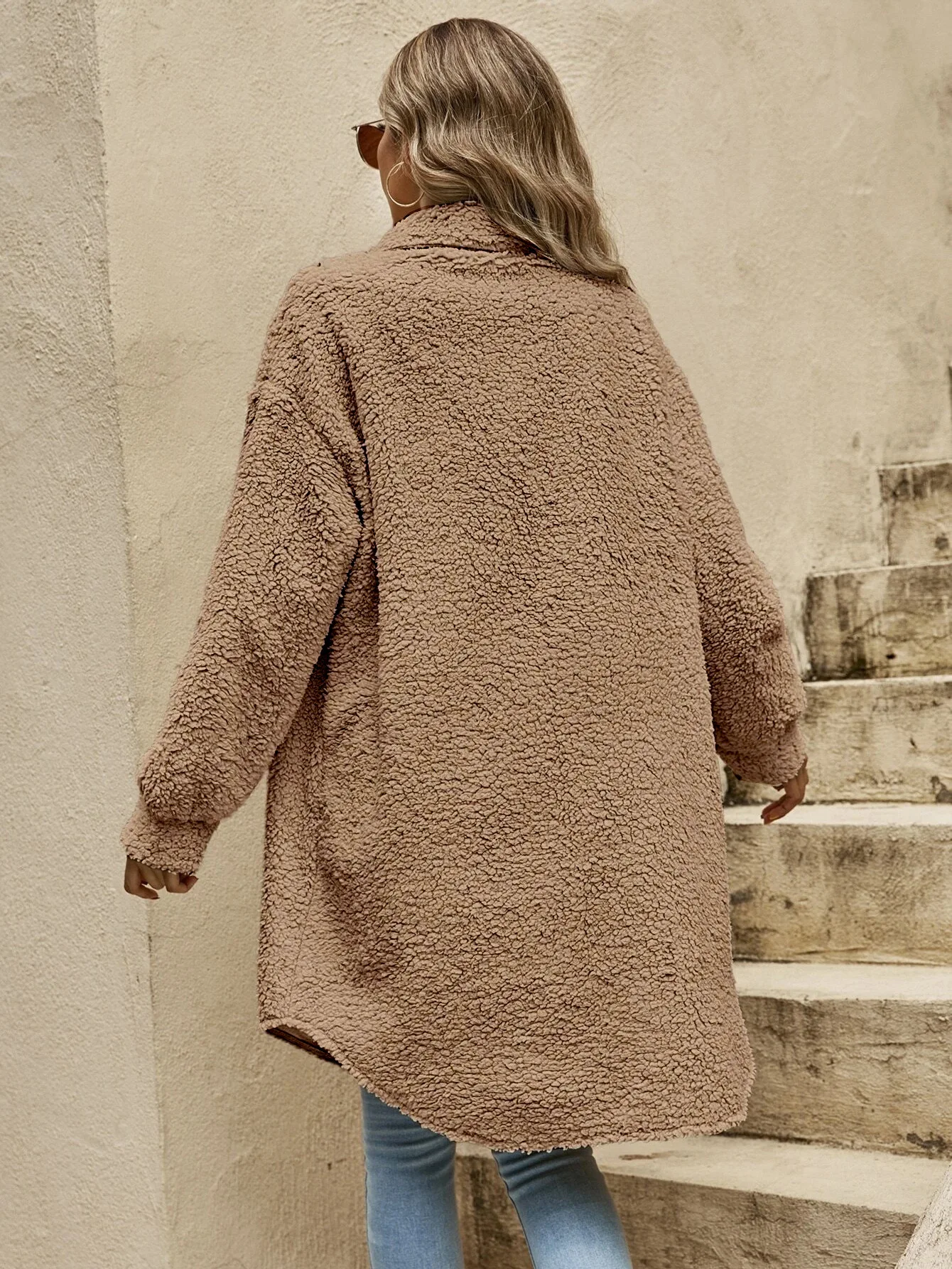 Button Down Long Jacket - Faux Fur, Lightweight Layer, All-Season Style Fino