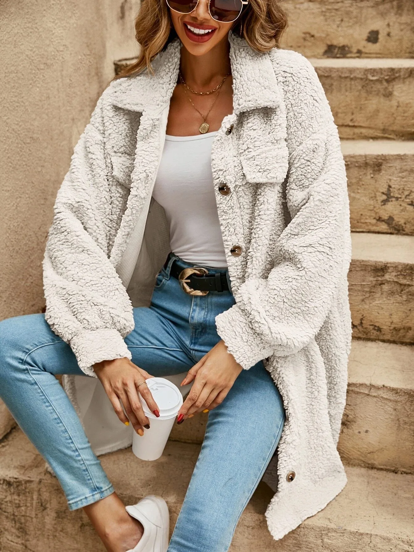 Button Down Long Jacket - Faux Fur, Lightweight Layer, All-Season Style Fino