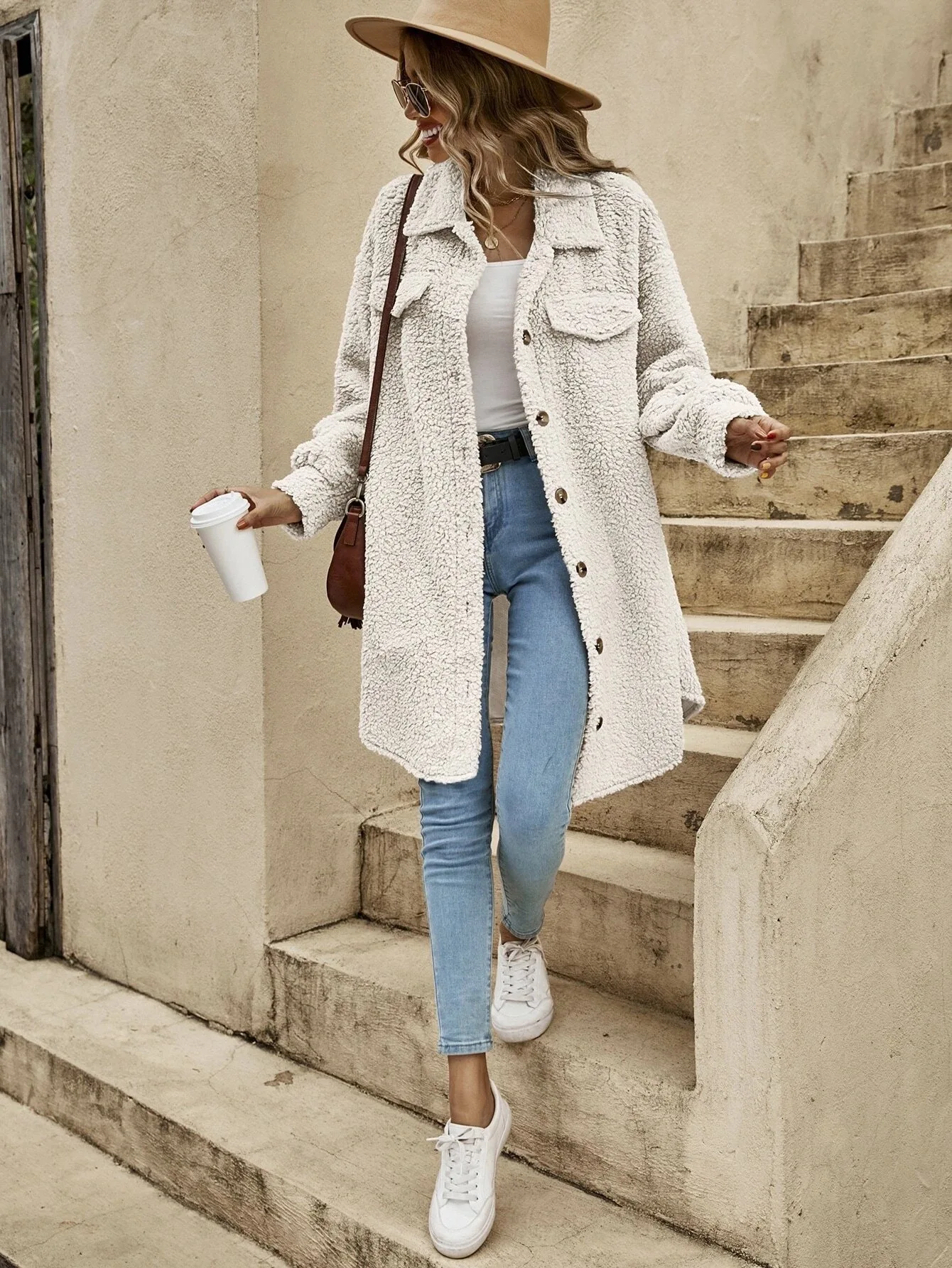 Button Down Long Jacket - Faux Fur, Lightweight Layer, All-Season Style Fino