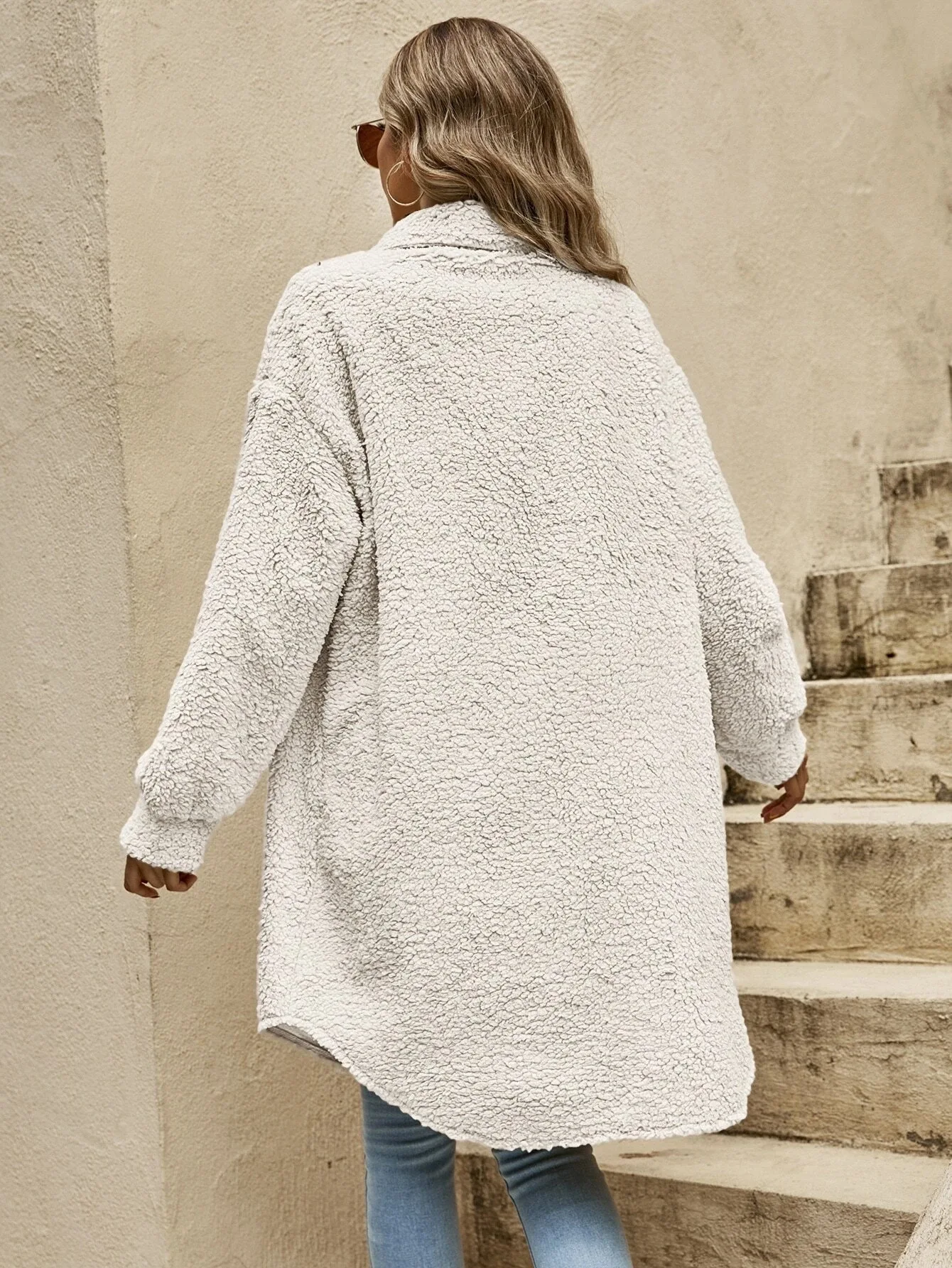 Button Down Long Jacket - Faux Fur, Lightweight Layer, All-Season Style Fino