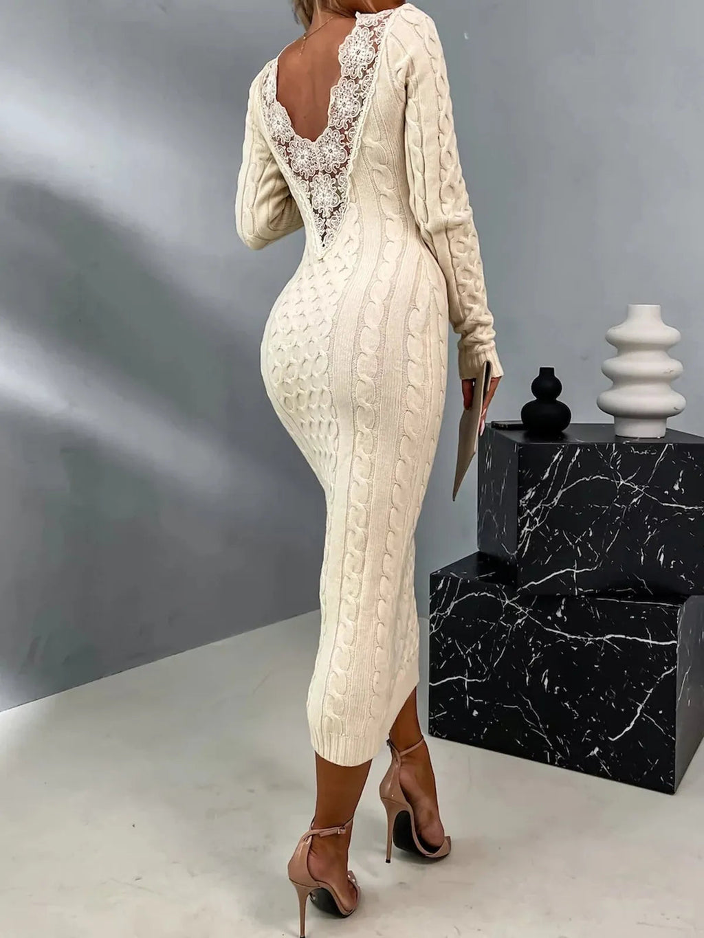 Elegant Womens Sweater Dress with Lace Back Fino