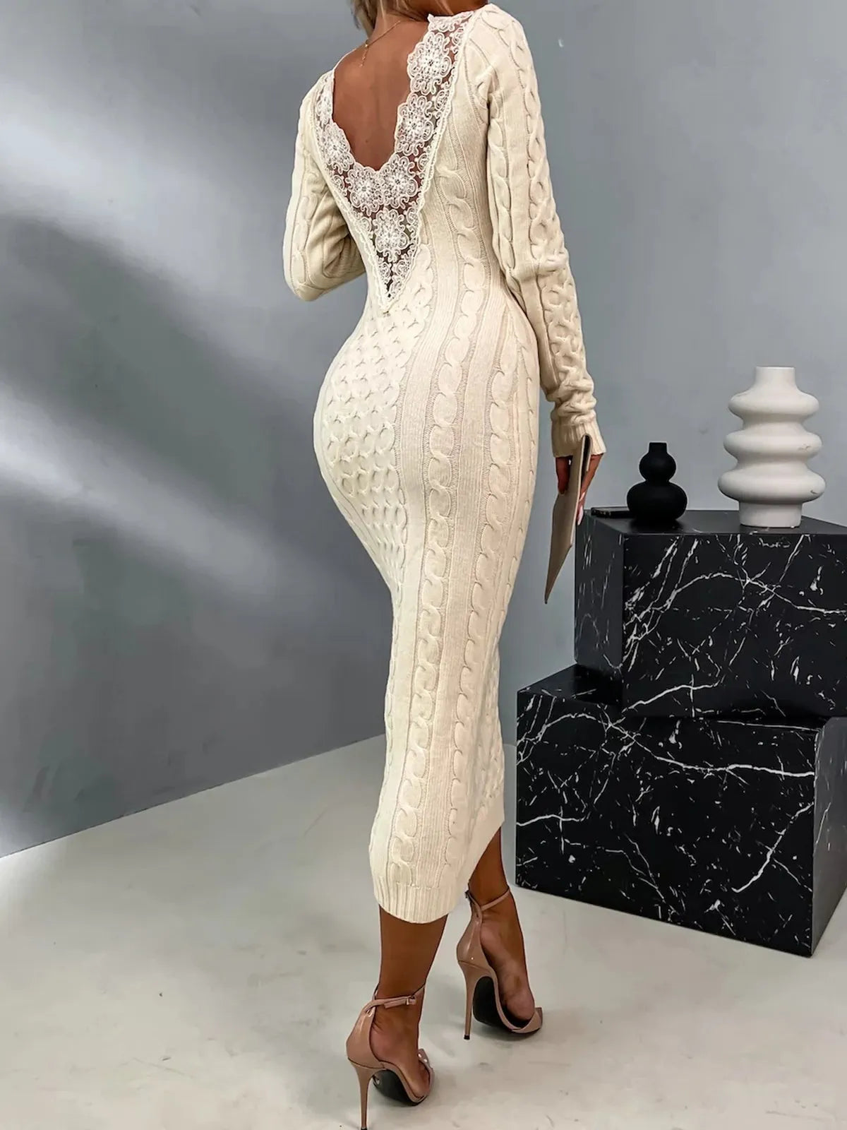 Elegant Womens Sweater Dress with Lace Back Fino