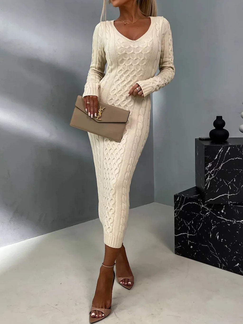 Elegant Womens Sweater Dress with Lace Back Fino