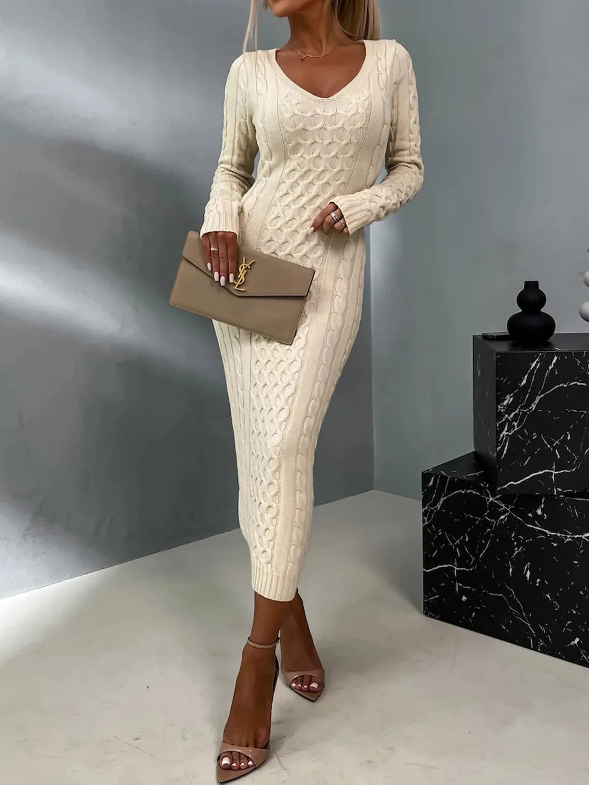 Elegant Womens Sweater Dress with Lace Back Fino