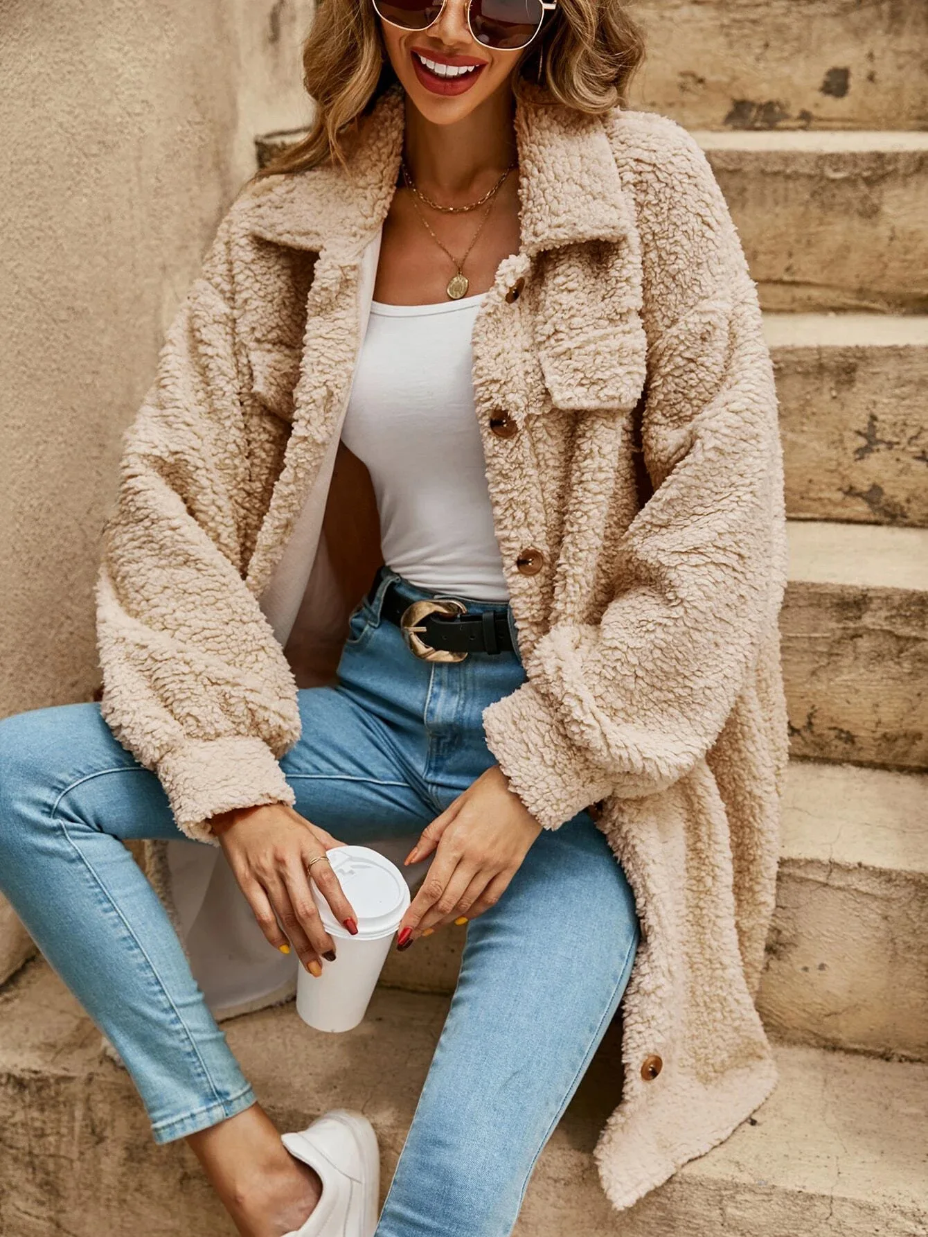 Button Down Long Jacket - Faux Fur, Lightweight Layer, All-Season Style Fino