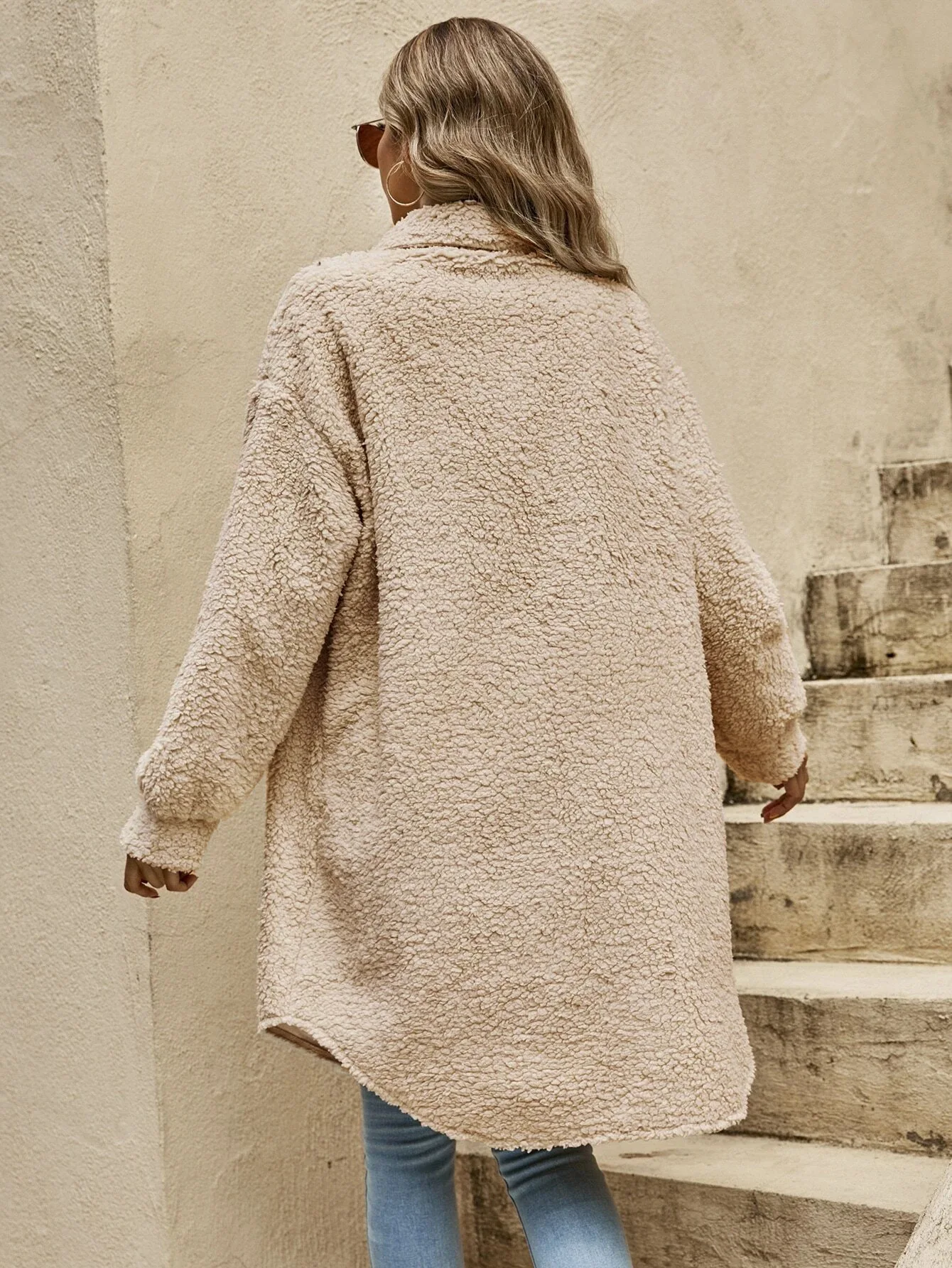 Button Down Long Jacket - Faux Fur, Lightweight Layer, All-Season Style Fino