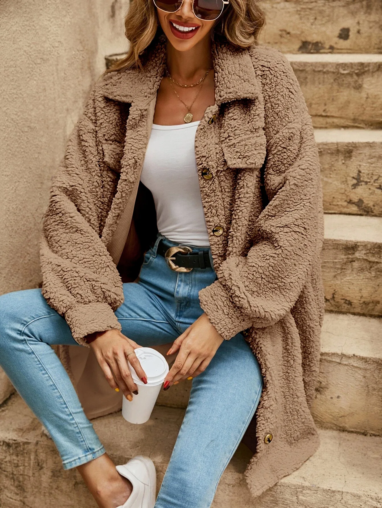 Button Down Long Jacket - Faux Fur, Lightweight Layer, All-Season Style Fino