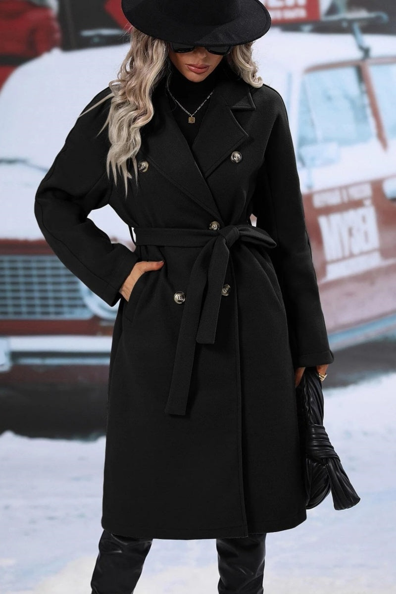Women’s Long Trench Coat – Wool Blend, Relaxed Fit – Double-Breasted With Belt Fino