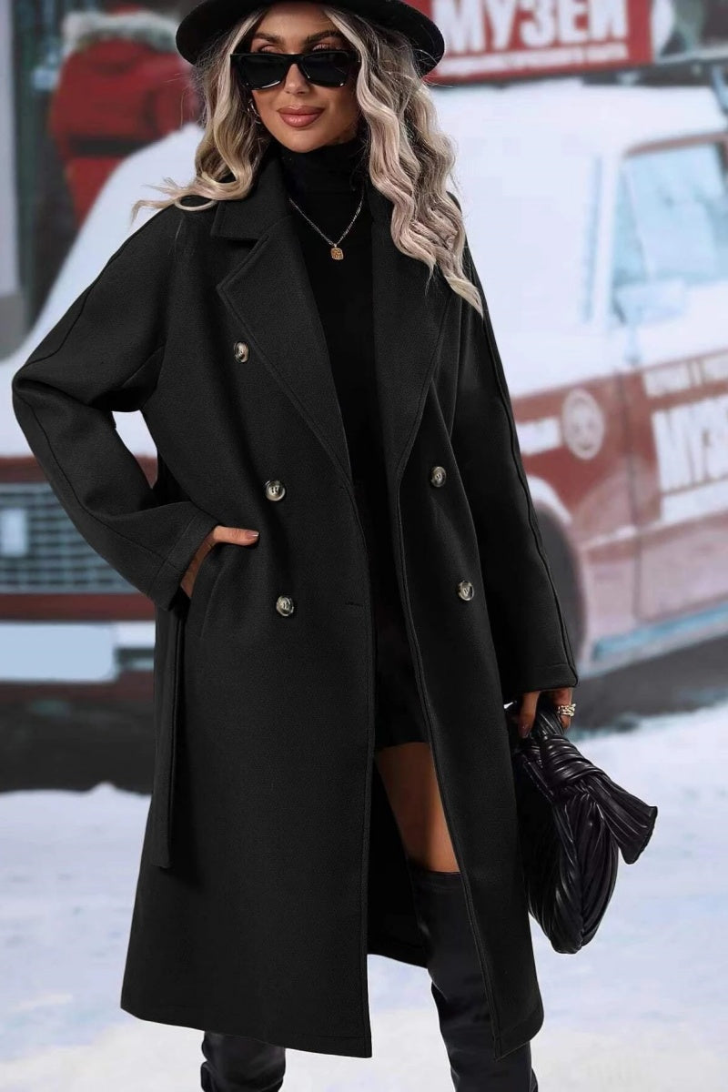 Women’s Long Trench Coat – Wool Blend, Relaxed Fit – Double-Breasted With Belt Fino