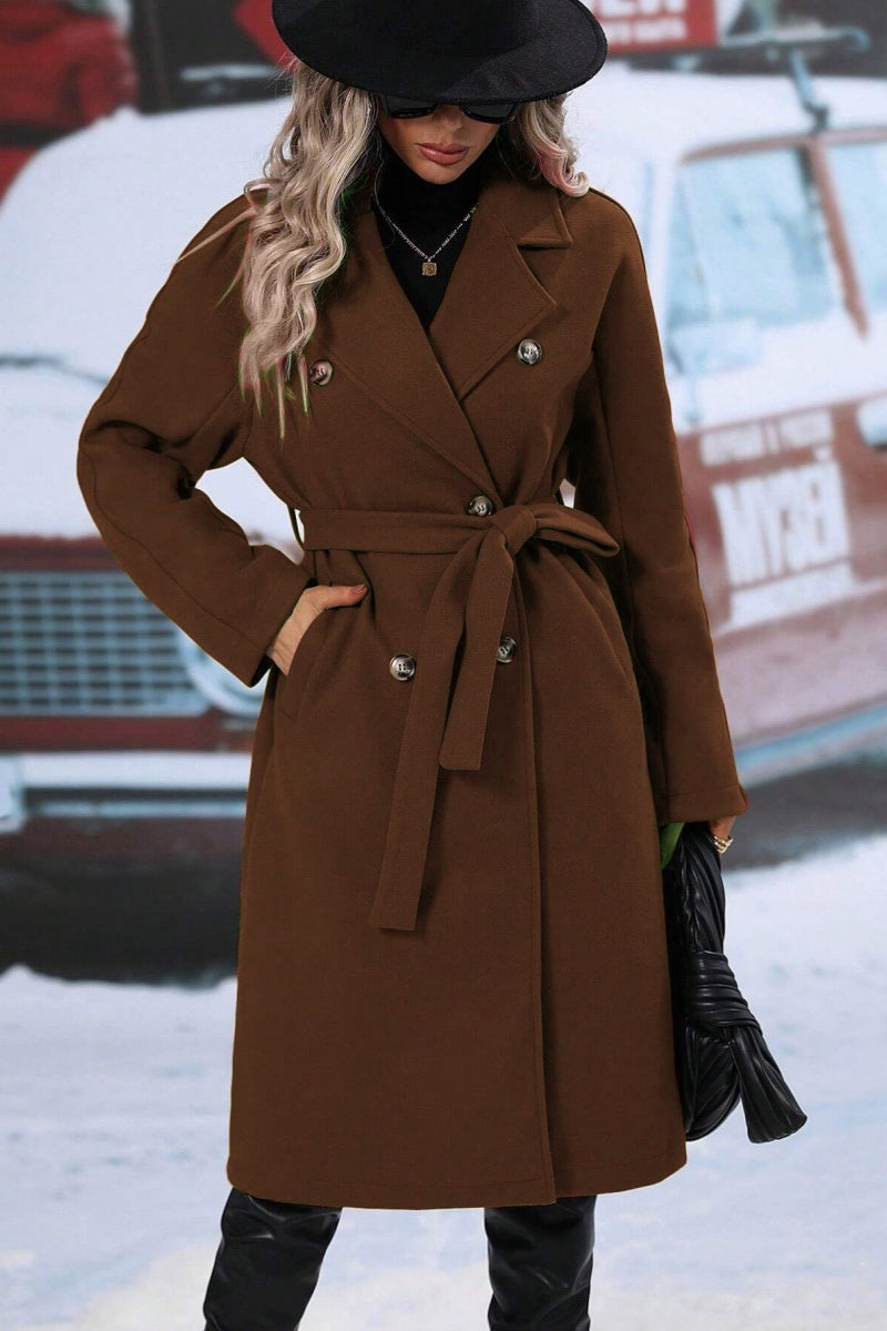 Women’s Long Trench Coat – Wool Blend, Relaxed Fit – Double-Breasted With Belt Fino
