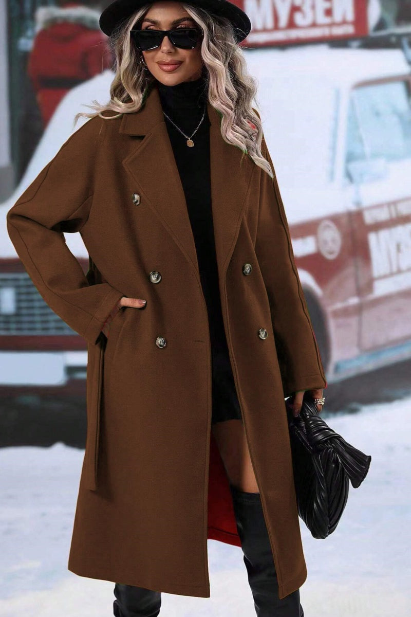 Women’s Long Trench Coat – Wool Blend, Relaxed Fit – Double-Breasted With Belt Fino
