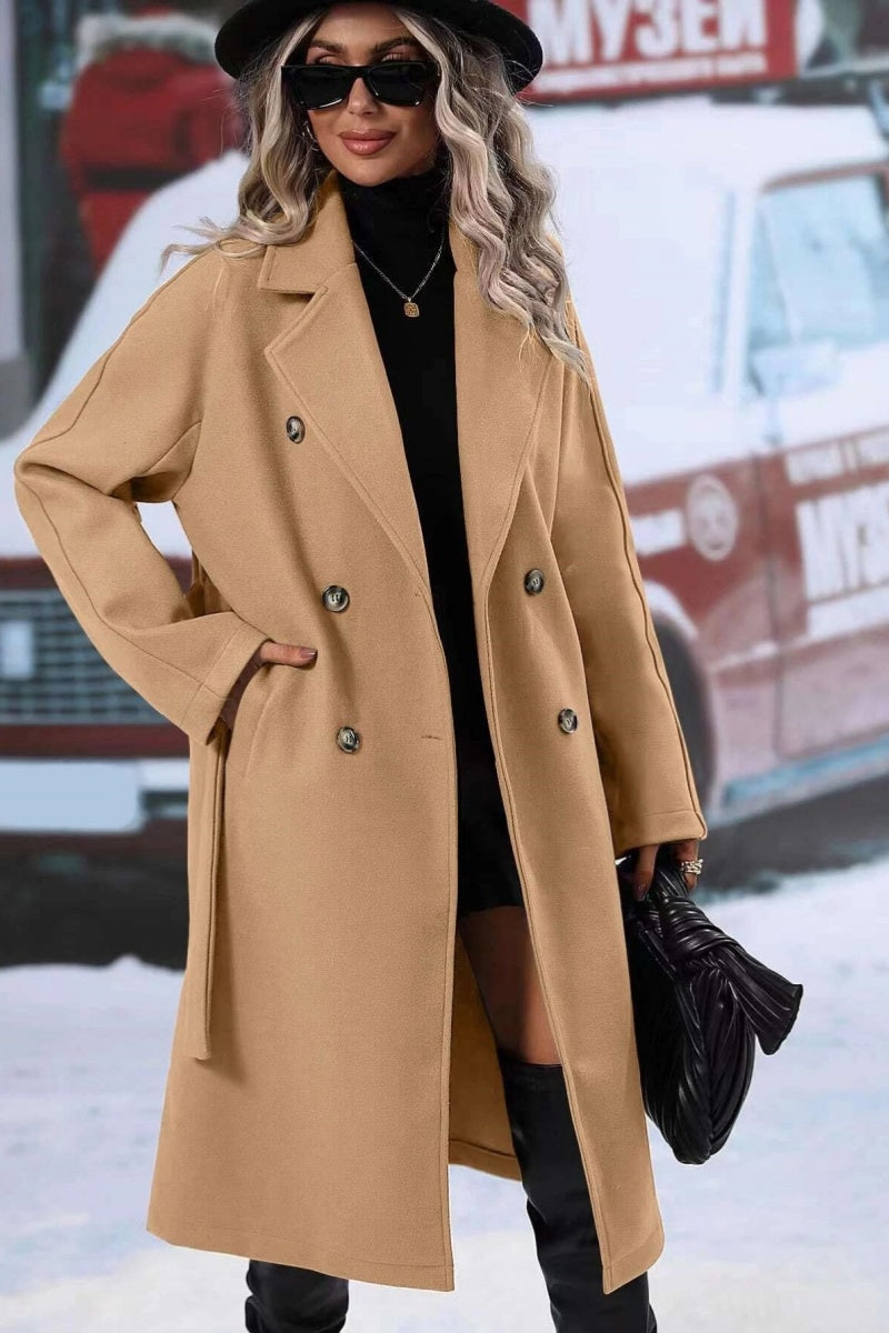Women’s Long Trench Coat – Wool Blend, Relaxed Fit – Double-Breasted With Belt Fino