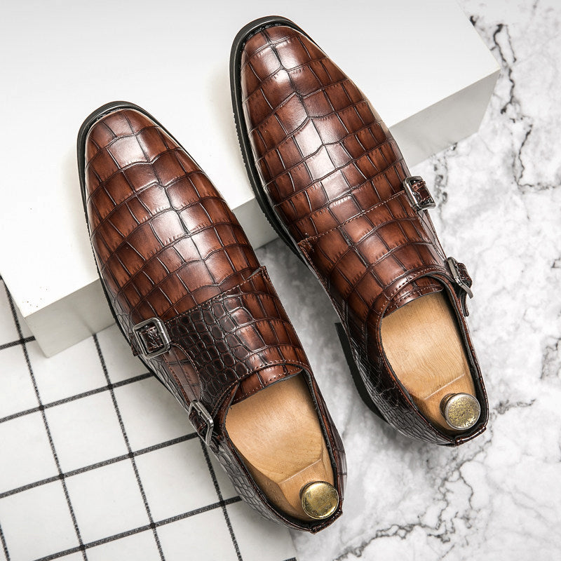 Fino Men’s Black Croc-Embossed Leather Monk Strap Shoes – Formal Dress Shoes with Double Buckle Design Fino