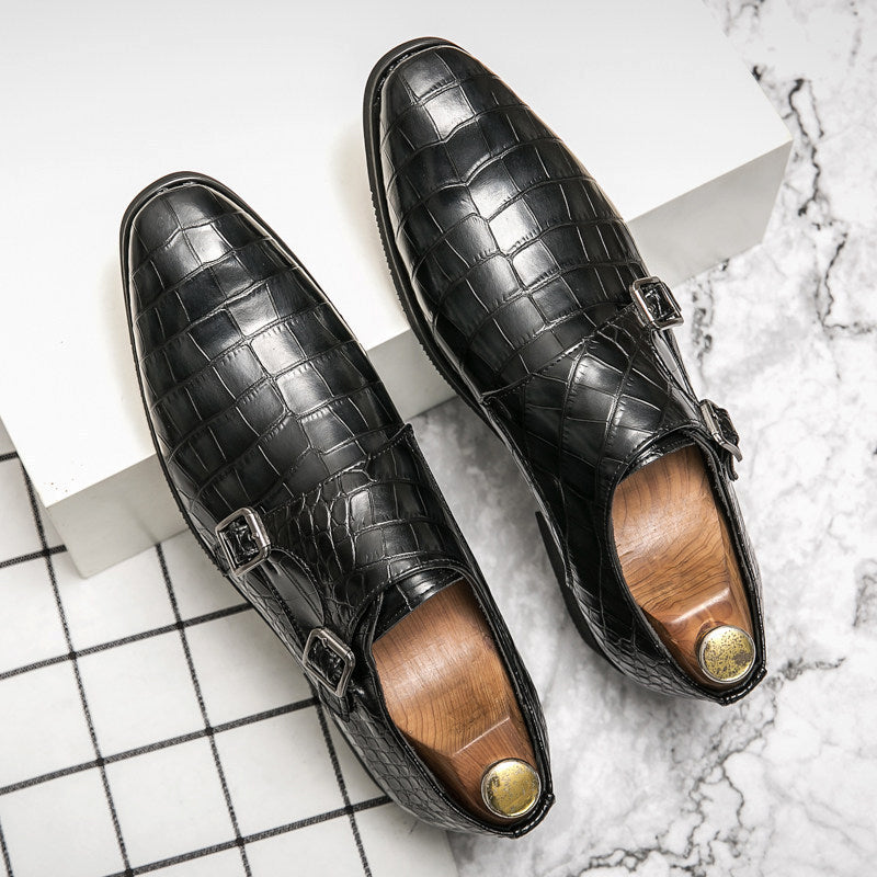 Fino Men’s Black Croc-Embossed Leather Monk Strap Shoes – Formal Dress Shoes with Double Buckle Design Fino