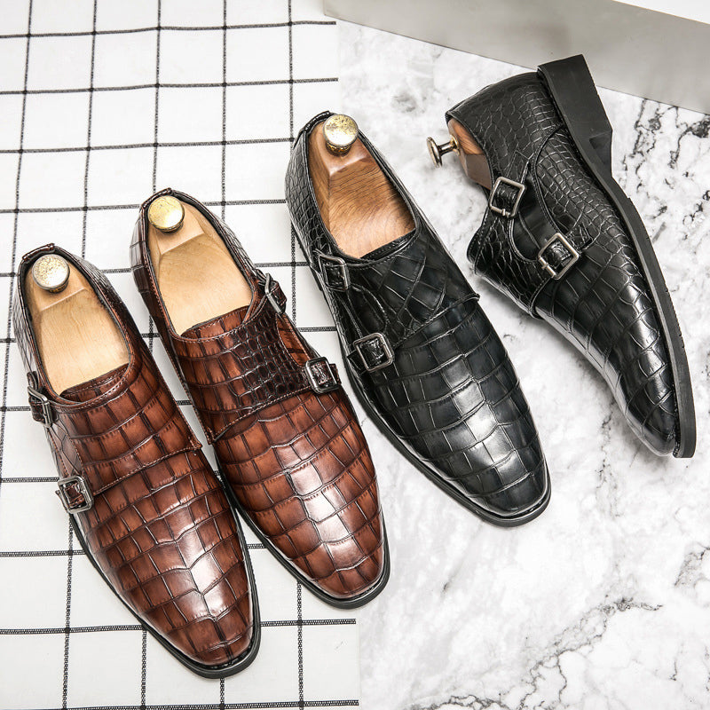 Fino Men’s Black Croc-Embossed Leather Monk Strap Shoes – Formal Dress Shoes with Double Buckle Design Fino