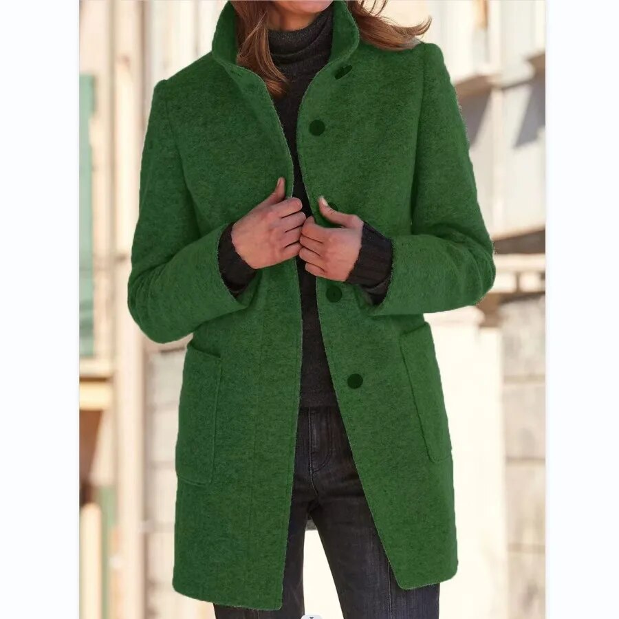Women's Gray Wool Coat with Stand Collar Fino