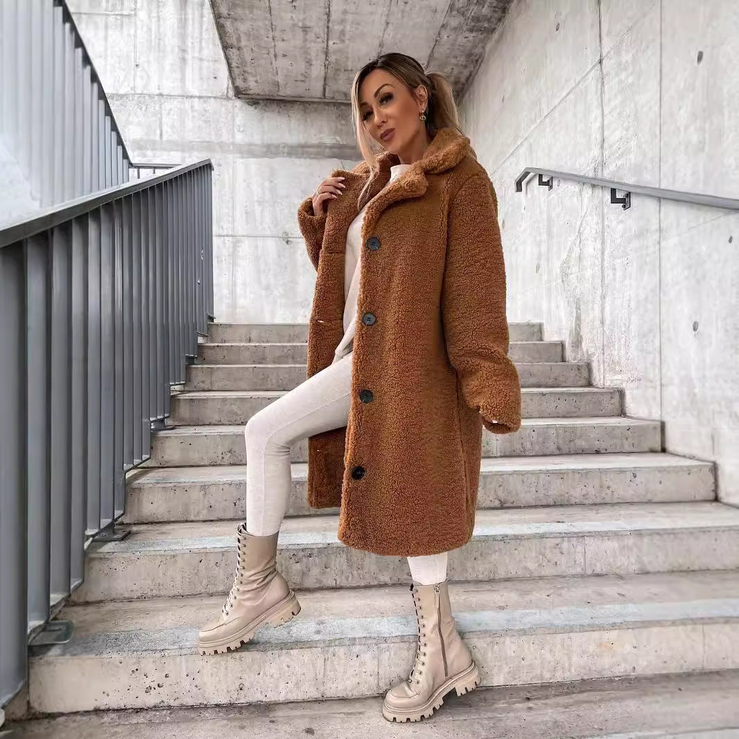 Women’s Wool Long Coat – Oversized Fit – Lapel Collar – Button Front Fino