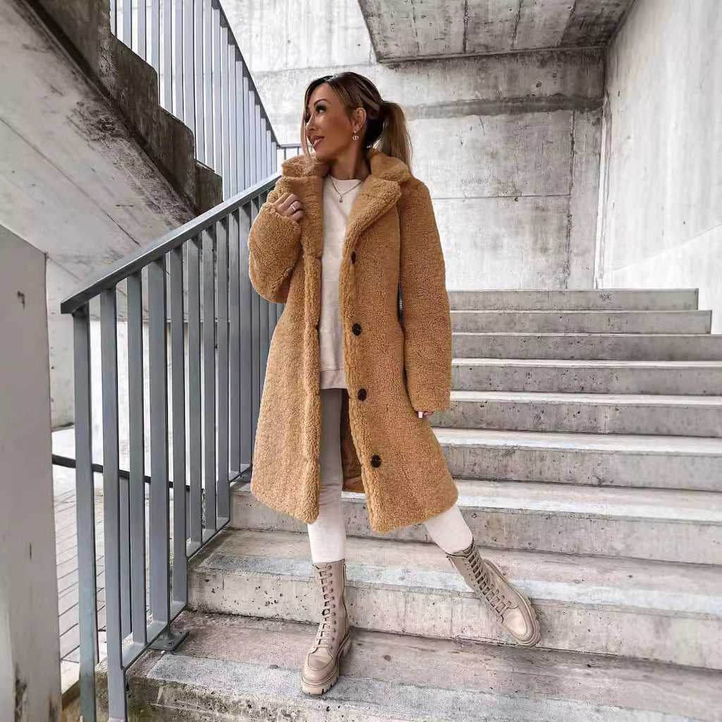 Women’s Wool Long Coat – Oversized Fit – Lapel Collar – Button Front Fino