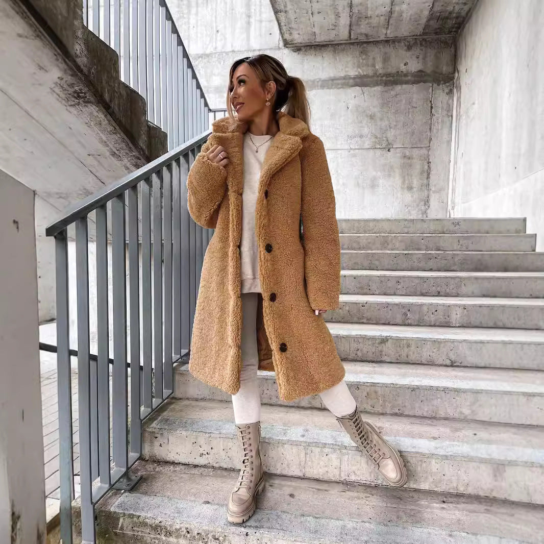Women’s Wool Long Coat – Oversized Fit – Lapel Collar – Button Front Fino