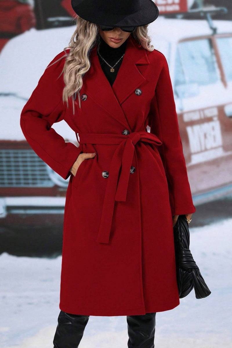 Women’s Long Trench Coat – Wool Blend, Relaxed Fit – Double-Breasted With Belt Fino