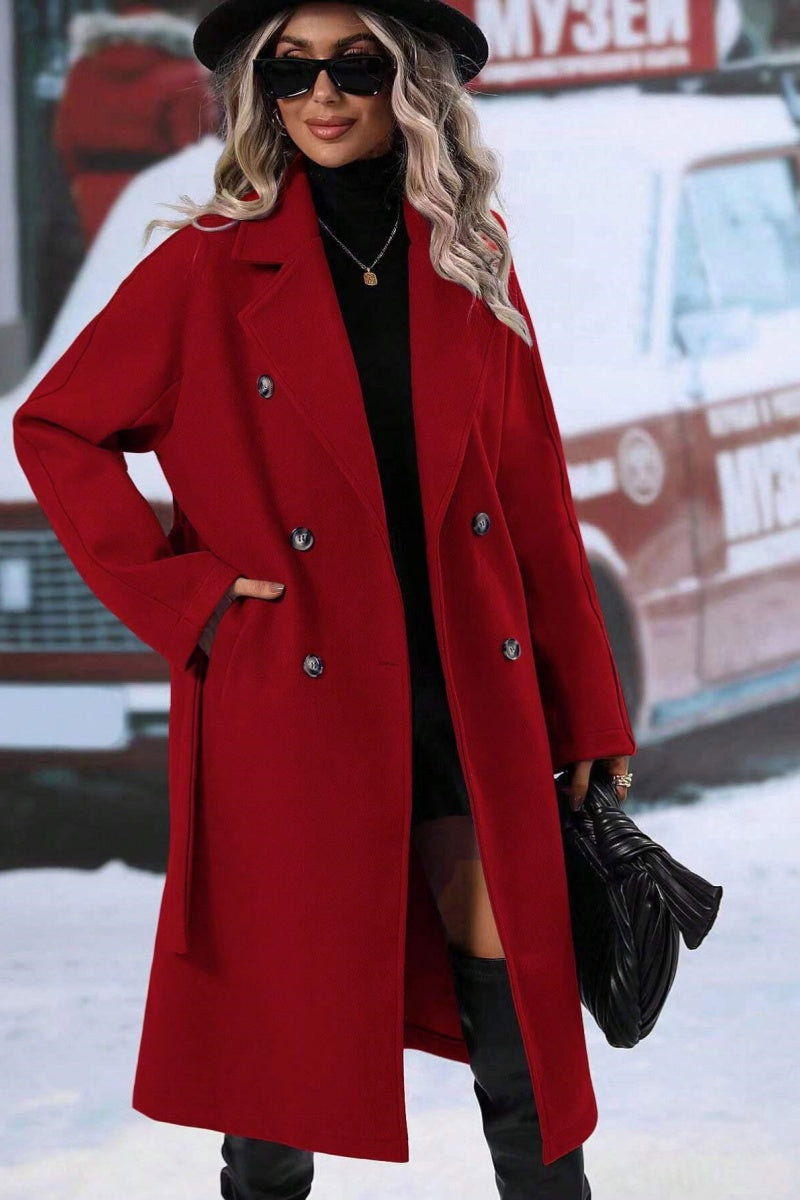 Women’s Long Trench Coat – Wool Blend, Relaxed Fit – Double-Breasted With Belt Fino