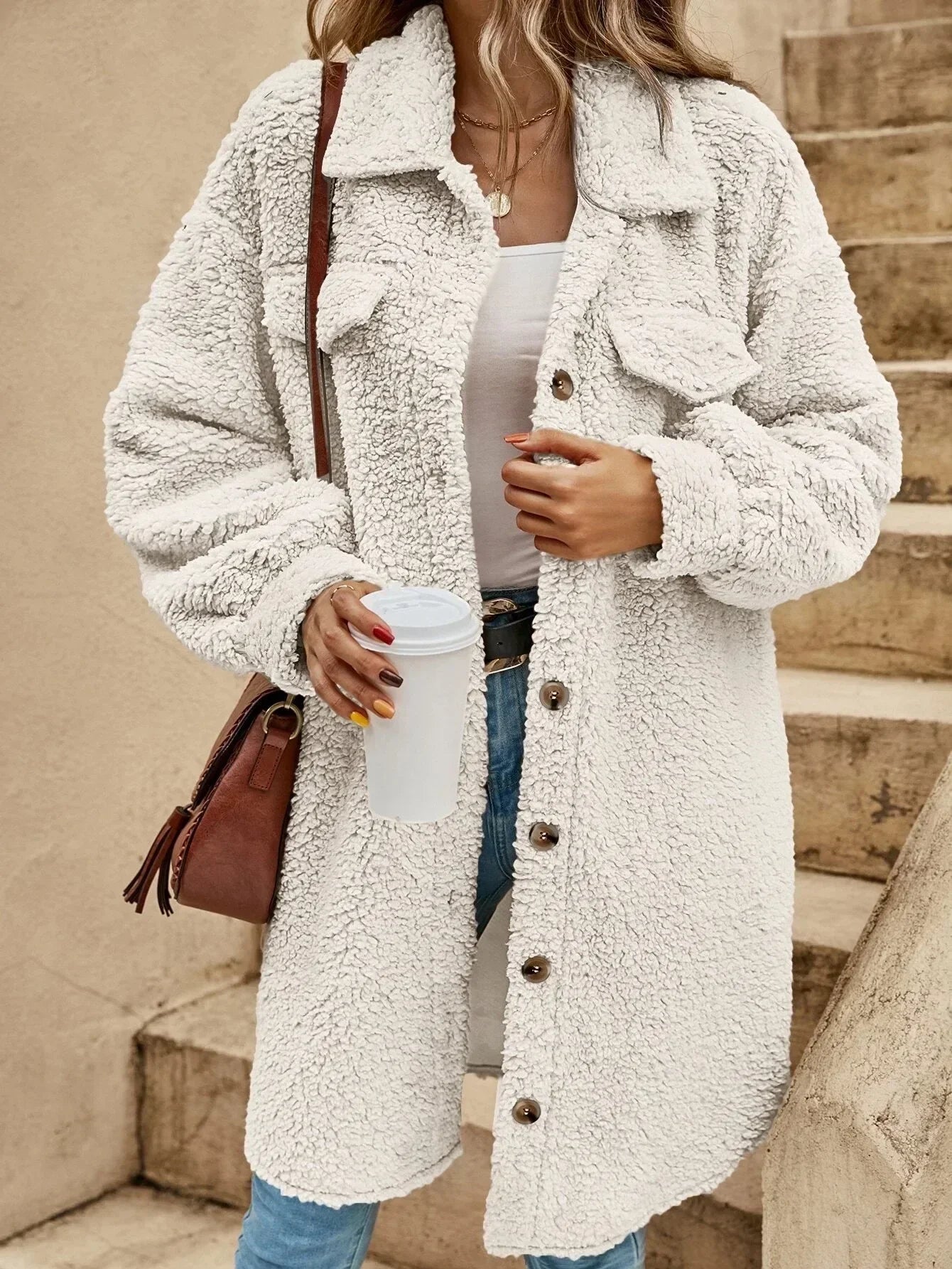 Button Down Long Jacket - Faux Fur, Lightweight Layer, All-Season Style Fino