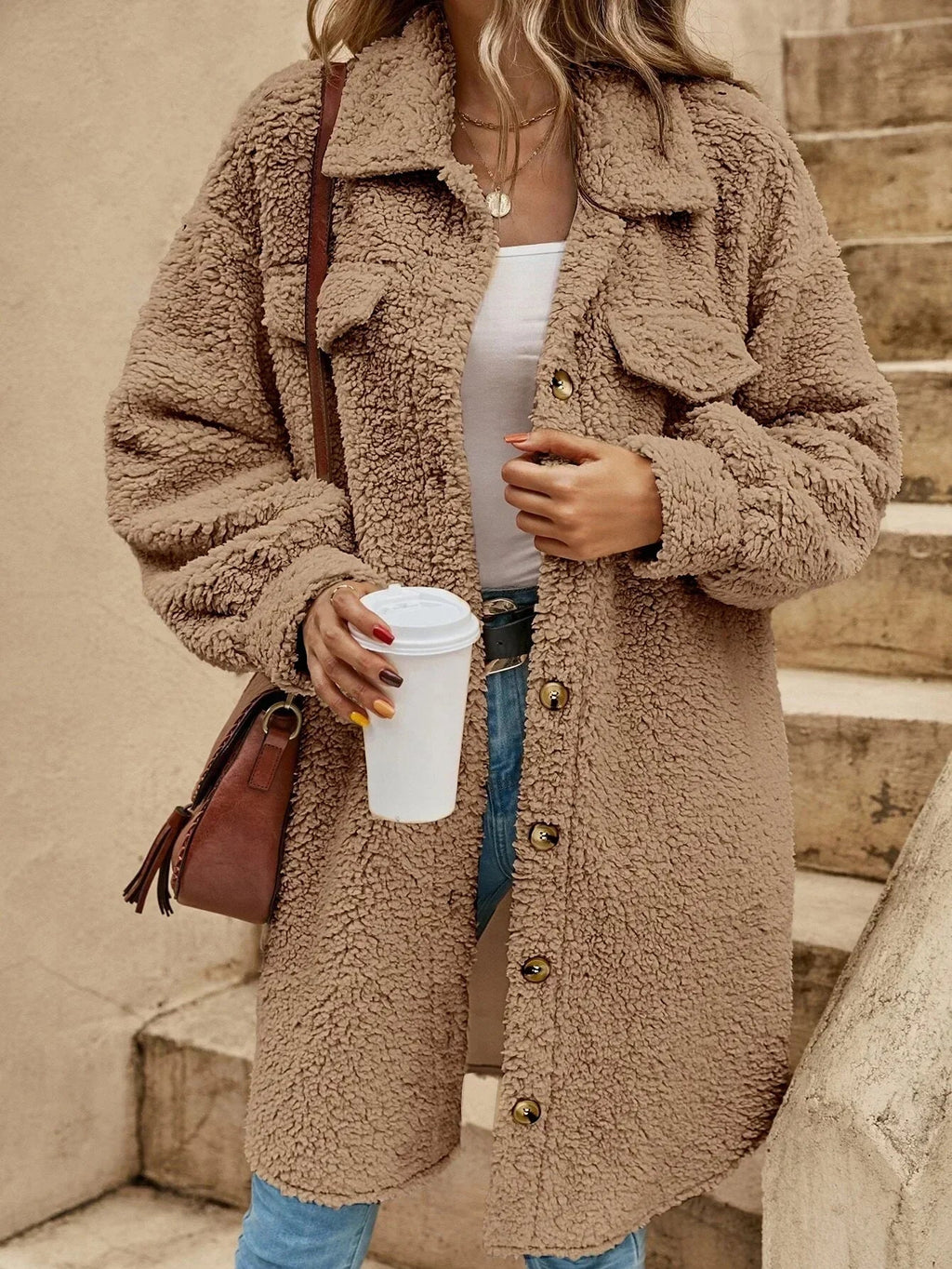 Button Down Long Jacket - Faux Fur, Lightweight Layer, All-Season Style Fino