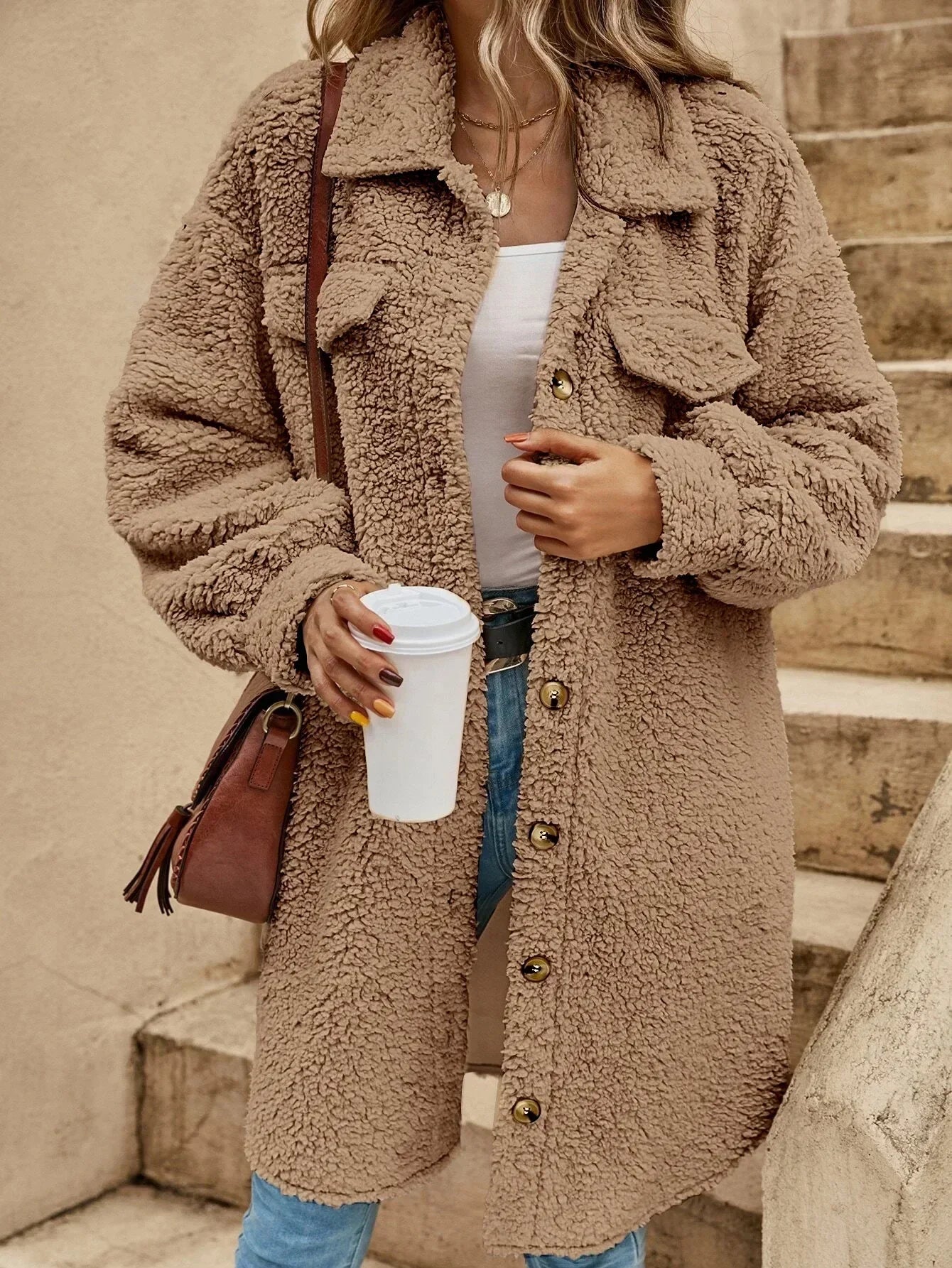Button Down Long Jacket - Faux Fur, Lightweight Layer, All-Season Style Fino