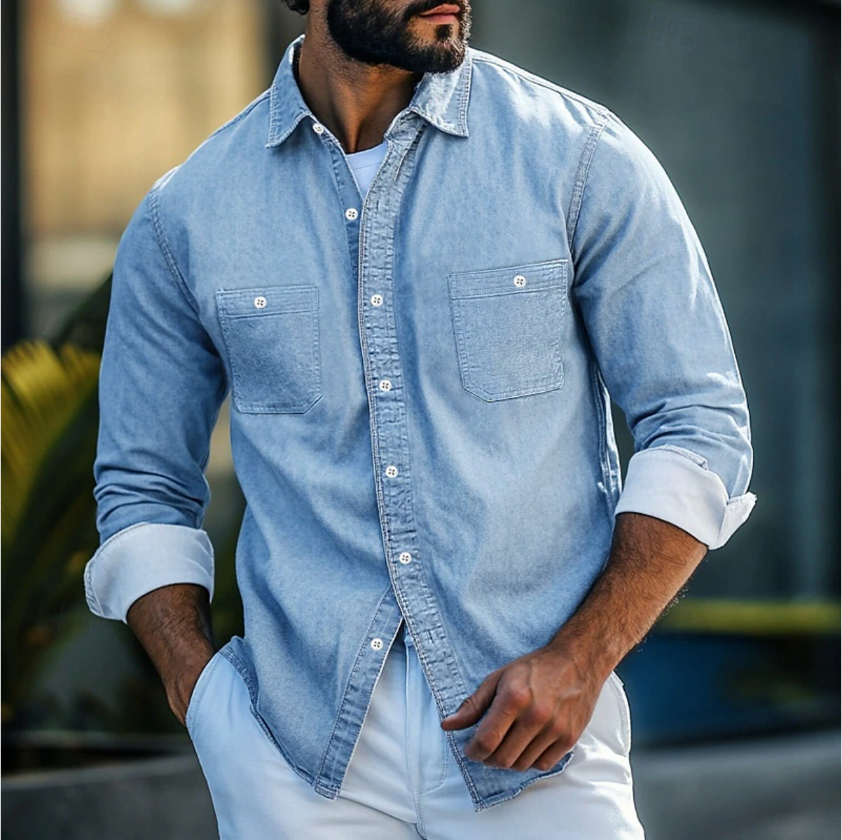Men's Slim Fit Denim Shirt with Button Closure Fino