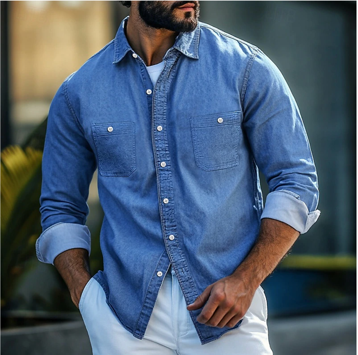 Men's Slim Fit Denim Shirt with Button Closure Fino
