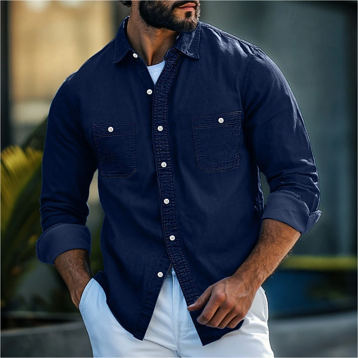 Men's Slim Fit Denim Shirt with Button Closure Fino