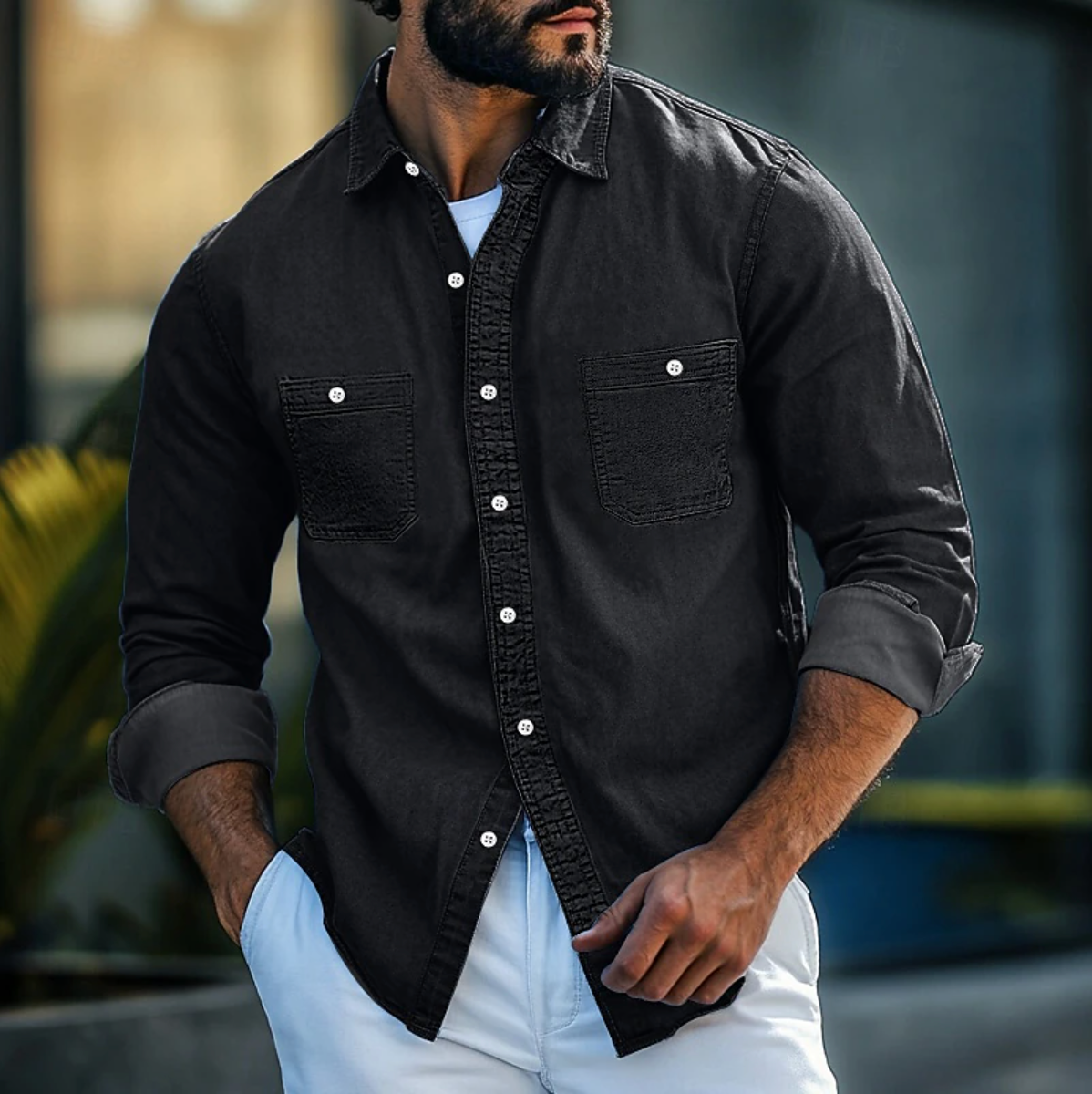 Men's Slim Fit Denim Shirt with Button Closure Fino