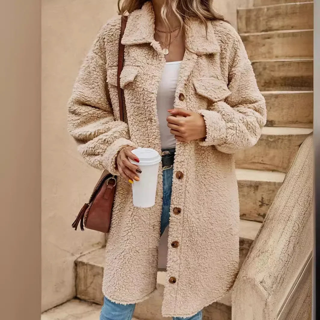 Button Down Long Jacket - Faux Fur, Lightweight Layer, All-Season Style Fino
