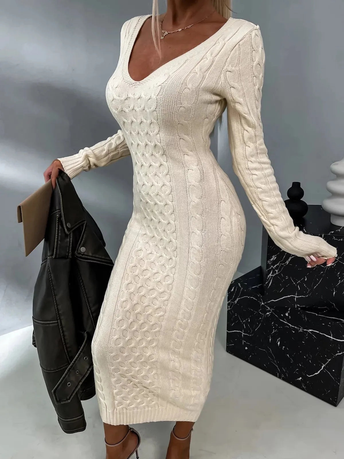 Elegant Womens Sweater Dress with Lace Back Fino