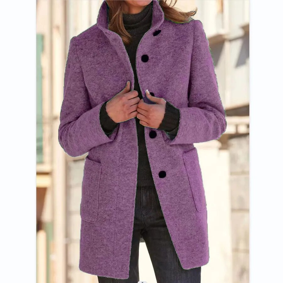 Women's Gray Wool Coat with Stand Collar Fino