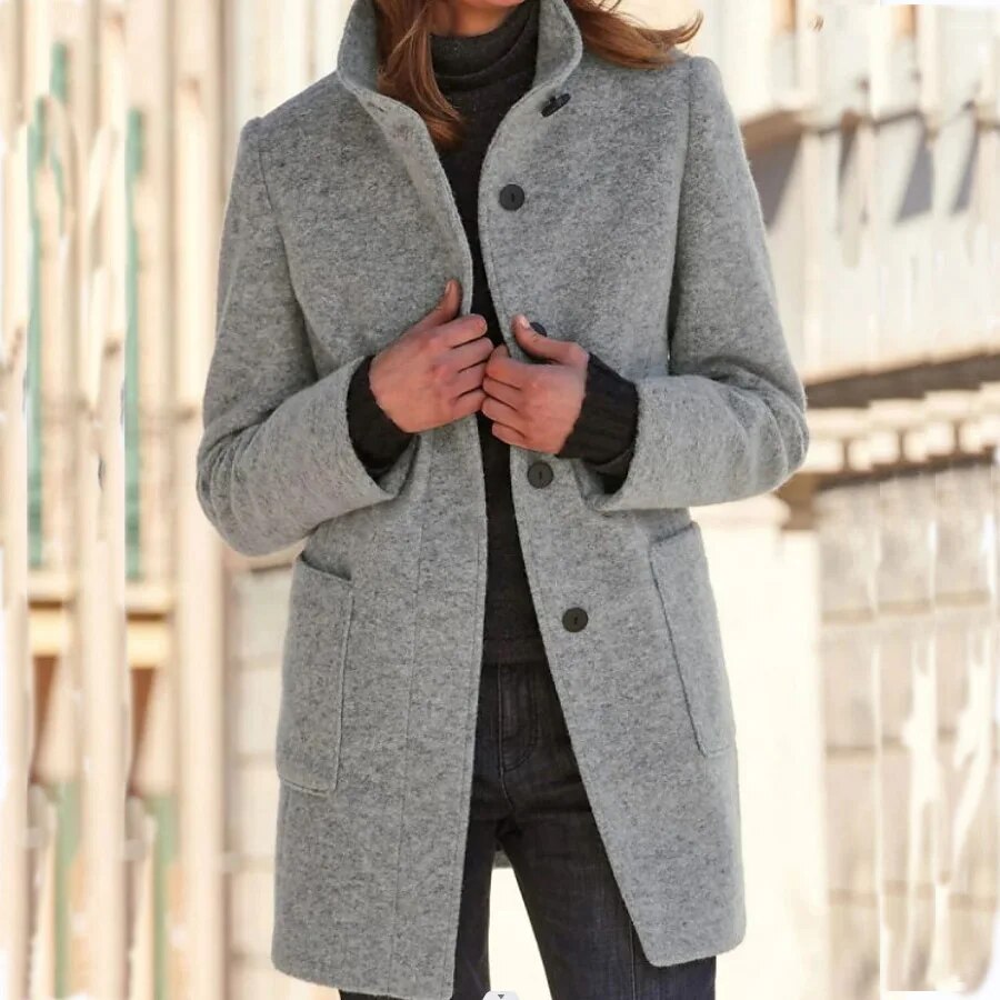 Women's Gray Wool Coat with Stand Collar Fino