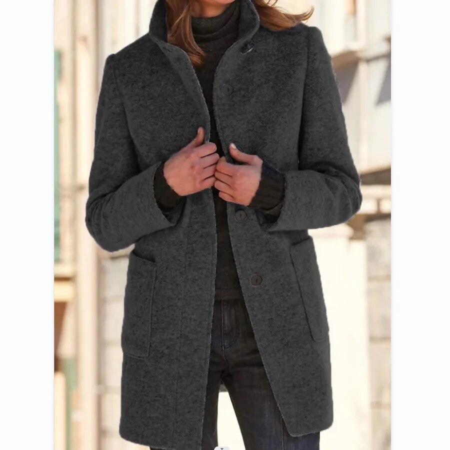 Women's Gray Wool Coat with Stand Collar Fino