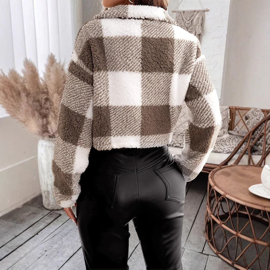 Women’s Cropped Zip Coat – Relaxed Boxy Fit – Textured Sherpa Fino