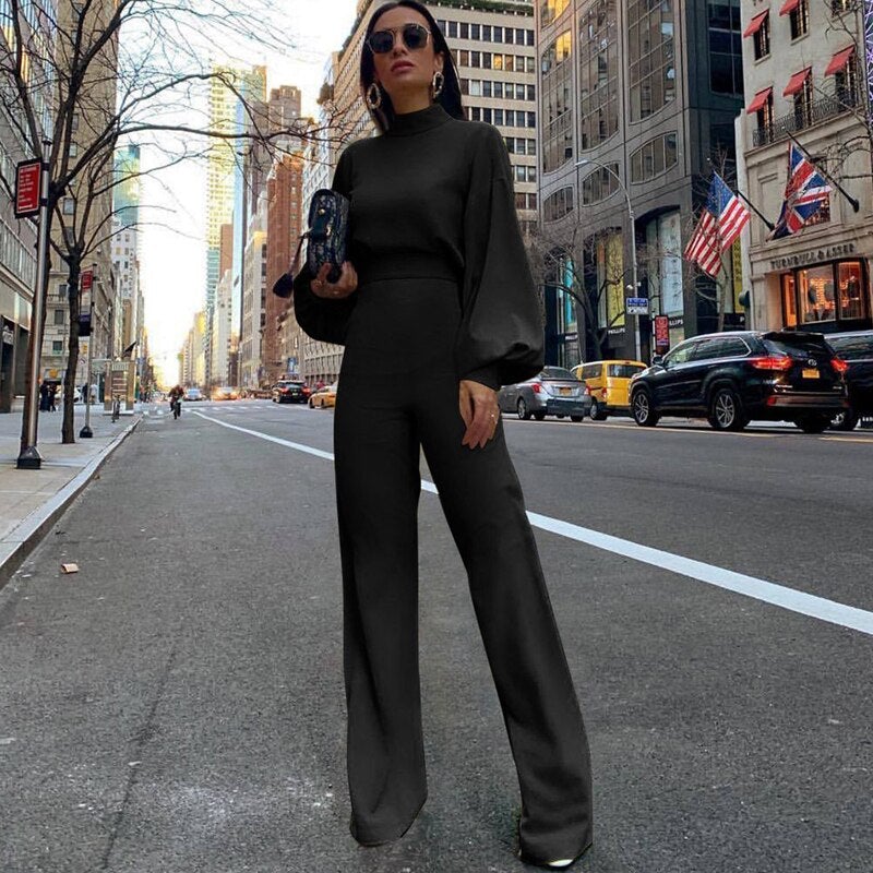 Womens Jumpsuit - Long-Sleeve High Collar Slim Fit Fino